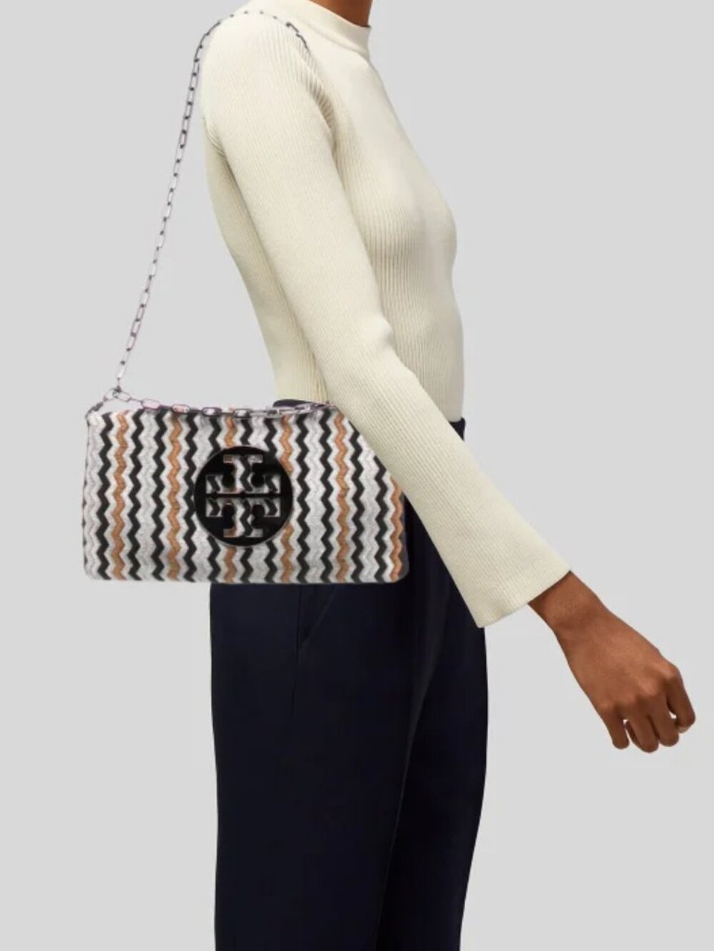 Tory Burch Chevron Print Chain Link Satin Shoulder Bag